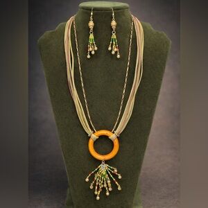 Vintage Boho Necklace Set + Earrings + 14K Gold Filled 18” Chain